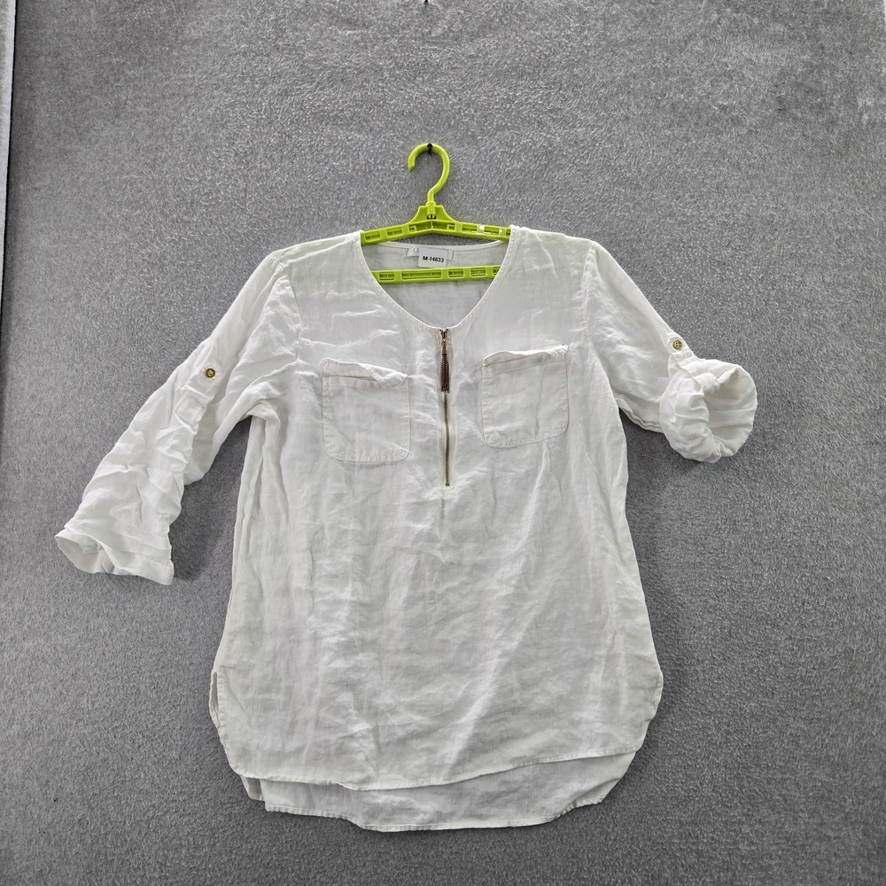 COMPANY Ellen Tracy Women Blouse L White Linen Button Zipper Scoop Neck Zip